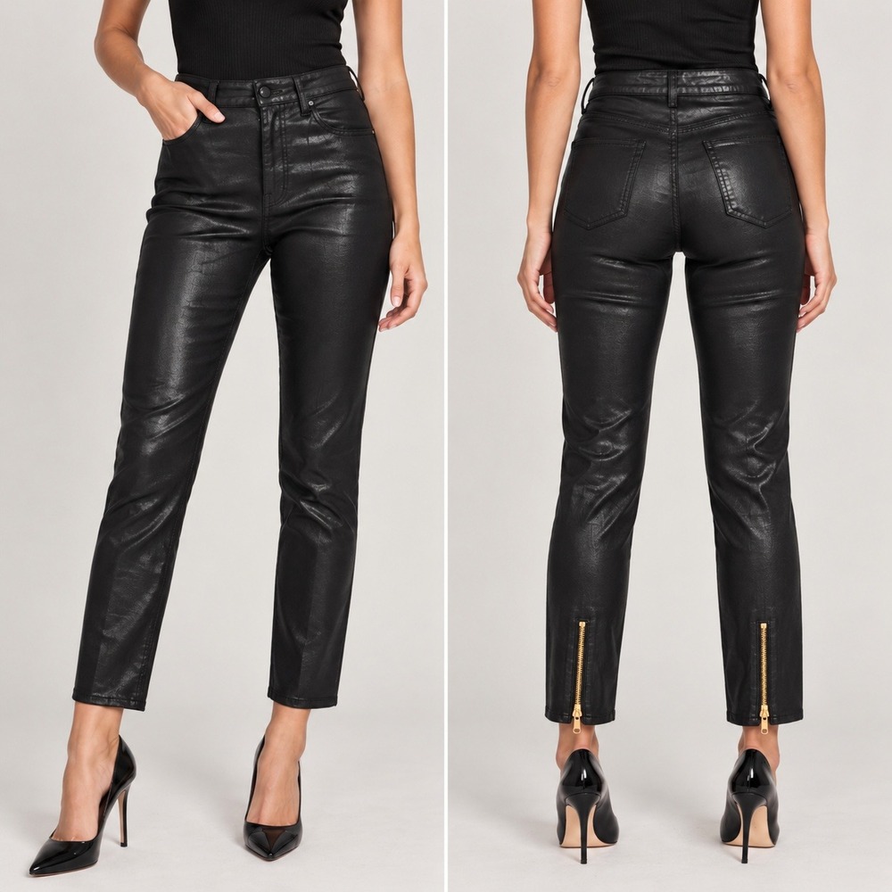 L'AGENCE Ginny Noir Coated High Rise Straight Leg Jeans 24 Black Ankle Zip